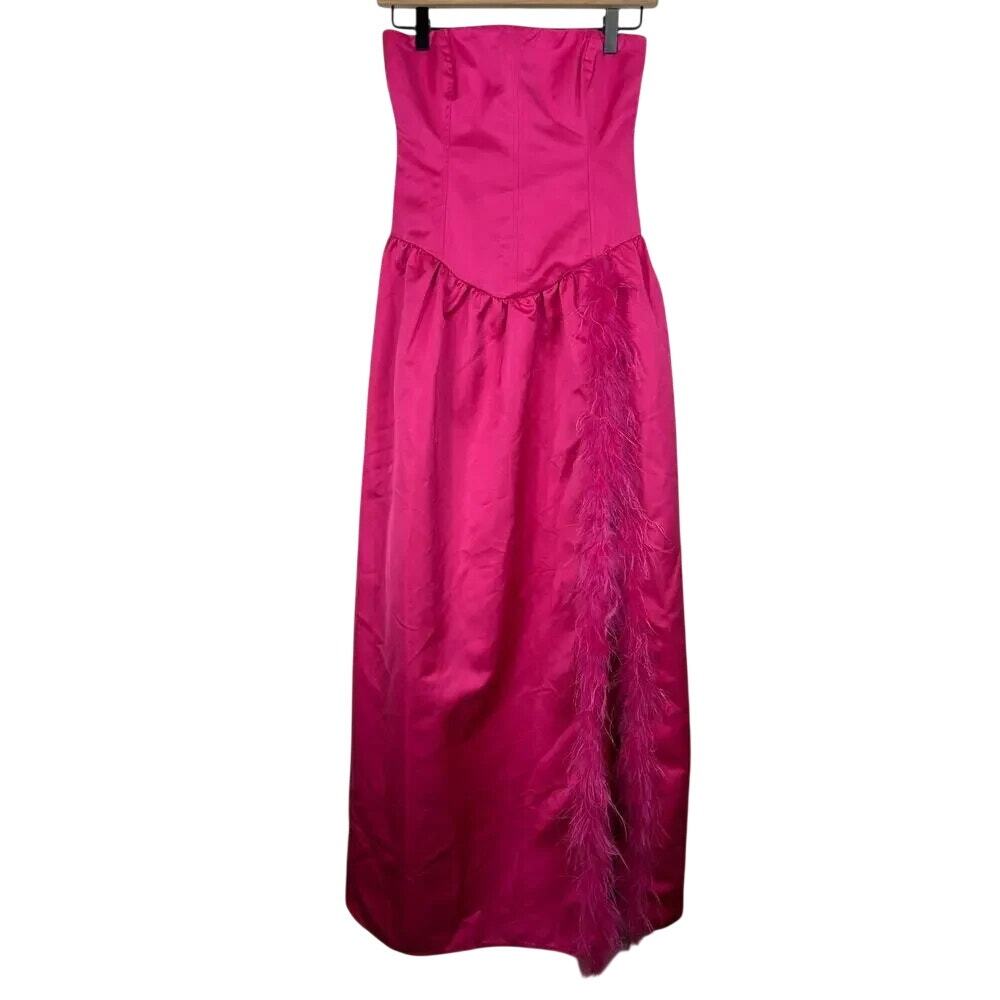 NWT WeWoreWhat Corset Bodice Side LegSlit Feathered Sleeveless Maxi Dress 2 Pink - Picture 14 of 16